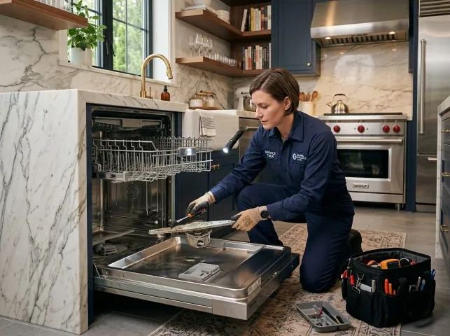 Appliance Repair Hero technician servicing a built-in dishwasher in a Becker, MN kitchen