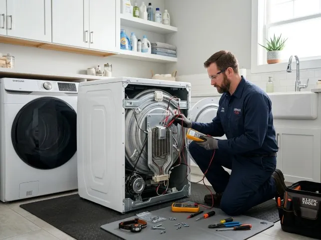 Appliance Repair Hero technician checking a dryer heating element with the rear panel off in Becker, MN