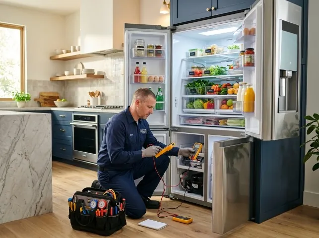 Appliance Repair Hero refrigerator technician testing a fridge on a Becker, MN service call